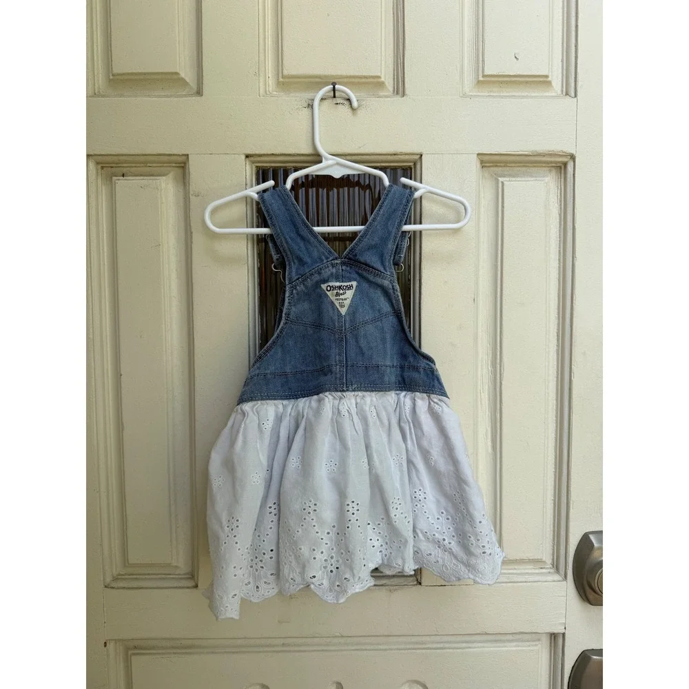 OshKosh B'gosh Baby Denim Eyelet Lace Overall Jumper Dress Blue White Size 18M